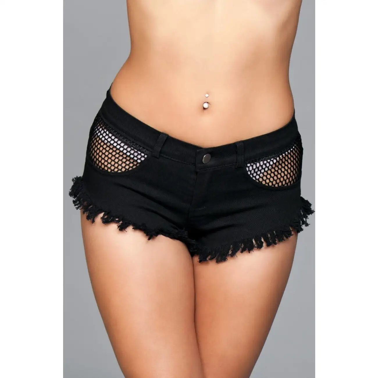 Women's Black Denim Shorts With FishNet Insets And Frayed Edges