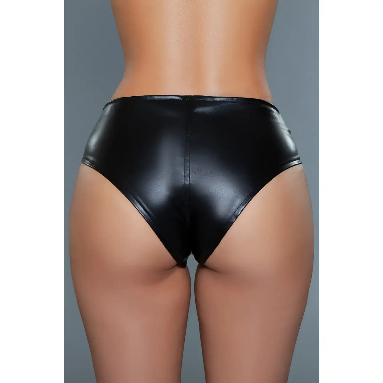 Women's Low Rise Black PU Leather Cheeky Shorts front zipper design