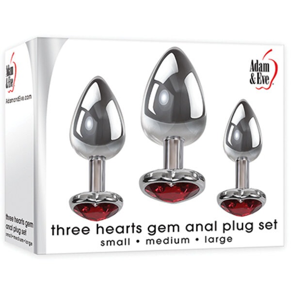 Adam & Eve Three Hearts Gem Anal Plug Set - Silver/Red
