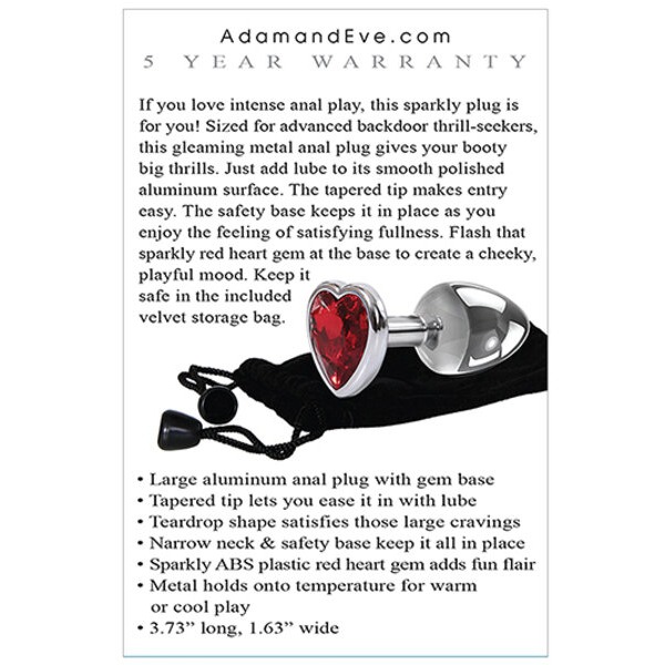 Adam & Eve Red Heart Gem Anal Plug - Large Red/Chrome