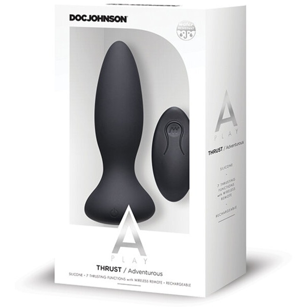 A Play Thrust Adventurous Rechargeable Silicone Anal Plug w/Remote - Black