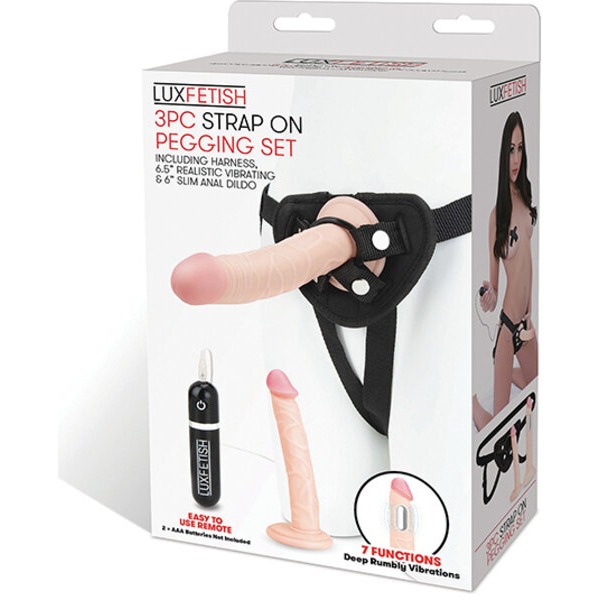 Lux Fetish Strap On Harness Pegging Set w/Vibrating & Slim Anal Dildo